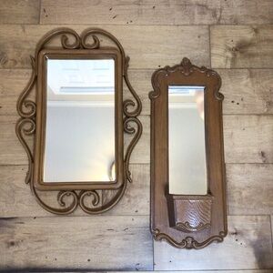 Vintage Homco Syroco Faux Wood Rattan Wall Mirrors Set Pocket Planter Shelf 1981
